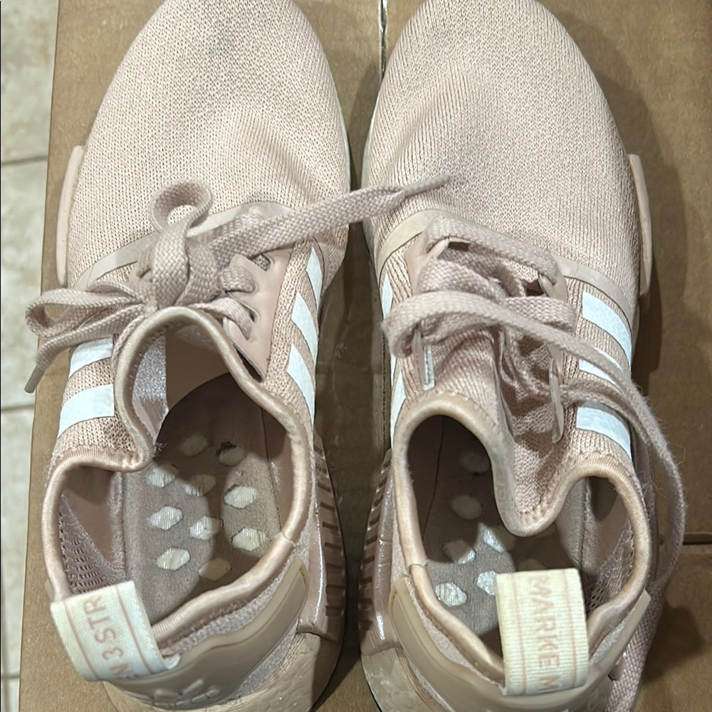 Adidas Pink Sneakers with White Stripes and Adidas drawstring dust bag, $119 new